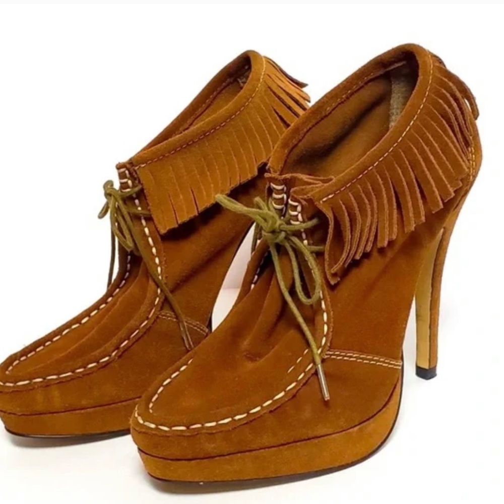 Charles & David Brown Suede Fringe Heeled Booties Moccasins 8 Boho